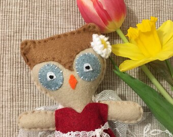 Handmade felt doll owl, soft doll gift for her, owl decor for owl lovers