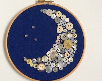 Button Moon and Stars Embroidery Hoop Art, wall art, embroidered hoop, bedroom art