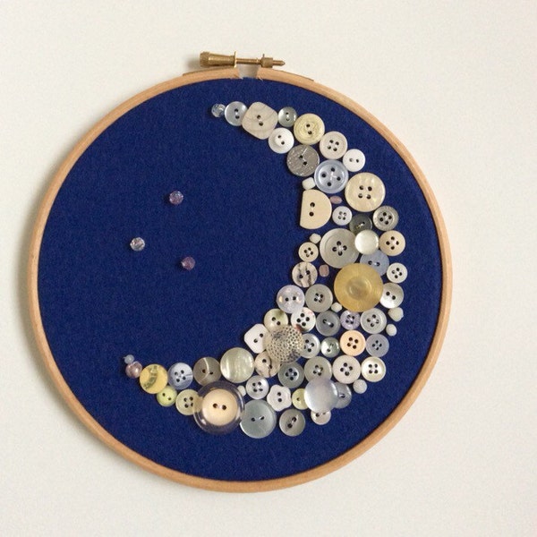 Button Moon and Stars Embroidery Hoop Art, wall art, embroidered hoop, bedroom art