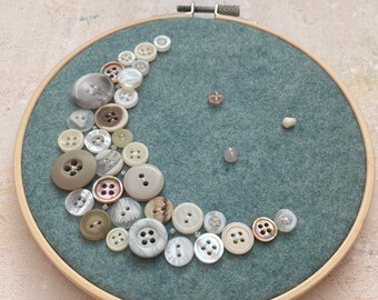 Moon and stars button embroidery hoop art, wall art, embroidered hoop, bedroom art, nursery decor, embroidery hoop, textile art