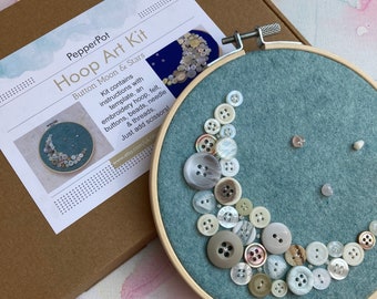 Button moon and stars embroidery hoop picture kit, diy hoop art, make your own hoop art, embroidery hoop kit, seats sewing craft kit