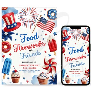 Plantilla editable de invitación para barbacoa del 4 de julio, invitación para fiesta del Día de la Independencia de EE. UU., descarga de Canva para barbacoa del 4 de julio para fuegos artificiales