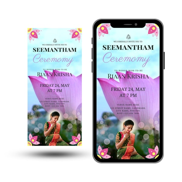 seemantham invitation, Indian Baby Shower Invitation Seemantham Phone Invite Green Pink Lotus Editable Digital Printable Long Size 4" x 9.5"