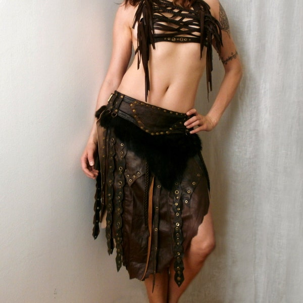 Dream Warriors brown leather loincloth / battle skirt. Fur, braids & studs. Primitive, tribal, pagan, barbarian, viking, wiccan larp cosplay