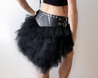 Dream Warriors black tulle skirt/tutu with leather detailing, massive tulle skirt, studded. Clubbing festival fashion