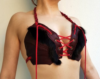 Leather Halter Bra: Red Lace-Up Top with Fur. Fantasy viking barbarian warrior cosplay costume