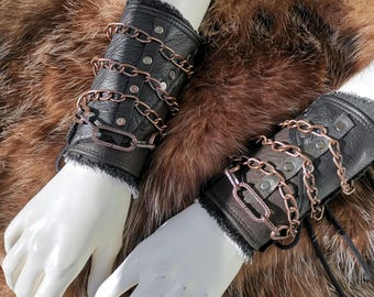 Dream Warriors black leather wrist cuffs/gauntlets/bracers. Post apocalyptic fantasy wasteland viking warrior druid tribal cosplay costume