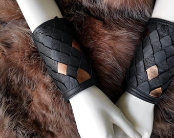 Black Leather Scale Bracers: Fantasy Dragon Warrior Woman Costume Cuffs