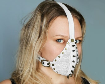 Dream Warriors face mask. Studded leather and lace face cover, black or white, adult/womens size. Alternative festival fashion
