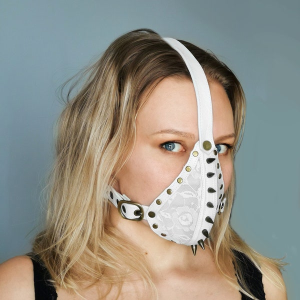 Dream Warriors face mask. Studded leather and lace face cover, black or white, adult/womens size. Alternative festival fashion