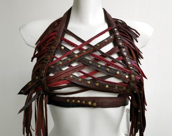 Fringed Leather Halter Crop Top, brown & red breastplate. Barbarian pagan fantasy viking cosplay costume