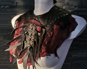 Dream Warriors black&red leather bib necklace, asymmetrical chest/neck piece. Post apocalyptic wasteland viking druid tribal cosplay costume