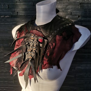 Dream Warriors black&red leather bib necklace, asymmetrical chest/neck piece. Post apocalyptic wasteland viking druid tribal cosplay costume