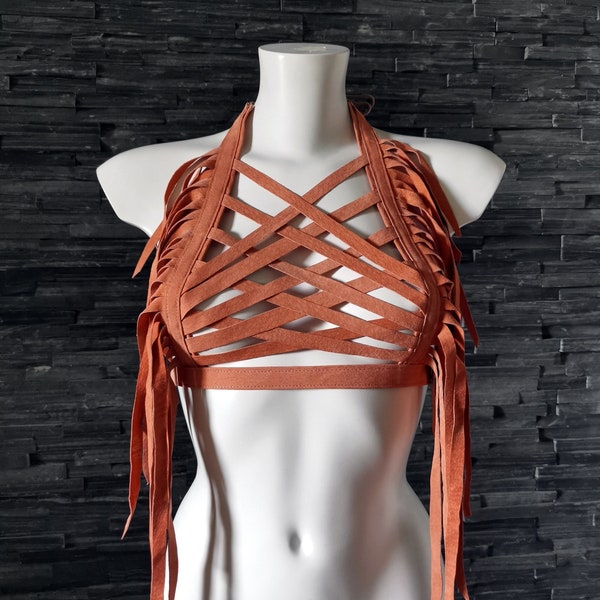 Dream Warriors orange suede crisscross halter/breastplate/ fringe crop top. Tribal boho style clothing festival fashion