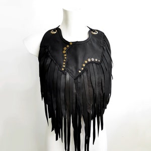 Black Leather Fringed Bib Necklace: Post Apocalyptic Costume Chestplate  by Dream Warriors