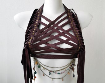 Dream Warriors purple(ish) brown leather halter/breastplate/crop top. Fringe necklace. Bohemian boho tribal clothing festival fashion outfit