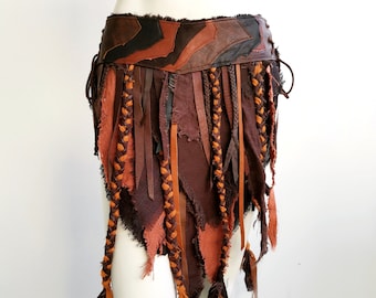 Dream Warriors brown leather and tattered orange linen skirt loincloth. Post apocalyptic pagan barbarian viking druid tribal cosplay costume