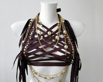 Dream Warriors purple(ish) brown leather halter/breastplate/crop top. Fringe necklace. Bohemian boho tribal clothing festival fashion outfit