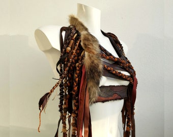 Dream Warriors brown leather fringed crisscross halter/breastplate/fringe fur crop top.Tribal barbarian pagan fantasy viking cosplay costume