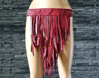 Dream Warriors red leather fringe mini skirt/loincloth. Tribal style clothing viking warrior woman cosplay festival fashion