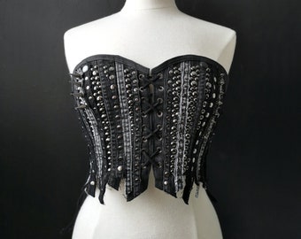 Black Denim Bustier Halter Top. Lace-Up, studded. Punk Rock Goth Style Festival Fashion
