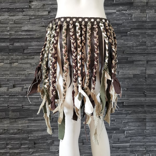 Dream Warriors brown leather & brown/army green/off white linen braided fringe overskirt. Braid fringe skirt. Boho bohemian festival fashion