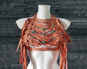 Dream Warriors orange suede halter/breastplate/crop top. Fringe necklace. Bohemian boho tribal clothing festival fashion outfit