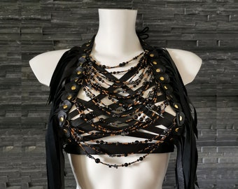 Dream Warriors black leather beaded crisscross halter/breastplate/ fringe crop top. Boho rave dance fire performance festival fashion outfit