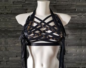 Dream Warriors dark blue leather crisscross halter/breastplate/ fringe crop top. Tribal druid pixie style clothing festival fashion outfit