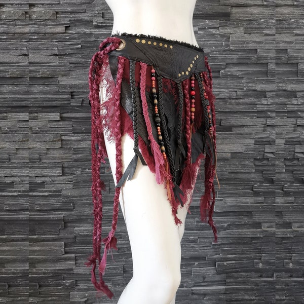 Dream Warriors black leather loincloth/mini skirt. Tattered, braided. Post apocalyptic pagan barbarian viking druid tribal cosplay costume