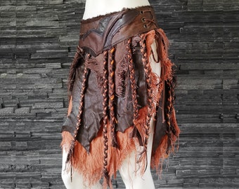 Dream Warriors brown leather and tattered orange linen skirt loincloth. Post apocalyptic pagan barbarian viking druid tribal cosplay costume