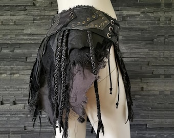 Dream Warriors black & gray leather and linen skirt/loincloth. Tattered. Primitive wiccan barbarian viking warrior woman cosplay costume