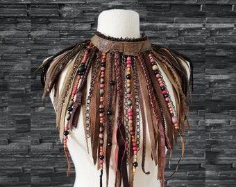 Dream Warriors tan leather fringe choker/bib necklace. Beaded, chain, fringed, braided. Festival fashion boho tribal viking style jewelry