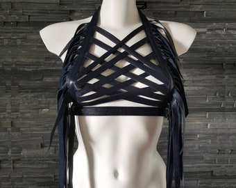 Dream Warriors dark blue leather crisscross halter/breastplate/fringe crop top. Tribal druid pixie clothing ravge festival fashion