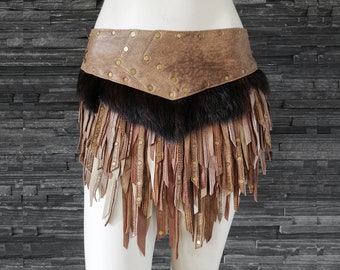 Dream Warriors tan/brown leather mini skirt. Studded, fur trim. Post apocalyptic wasteland barbarian viking druid tribal cosplay costume