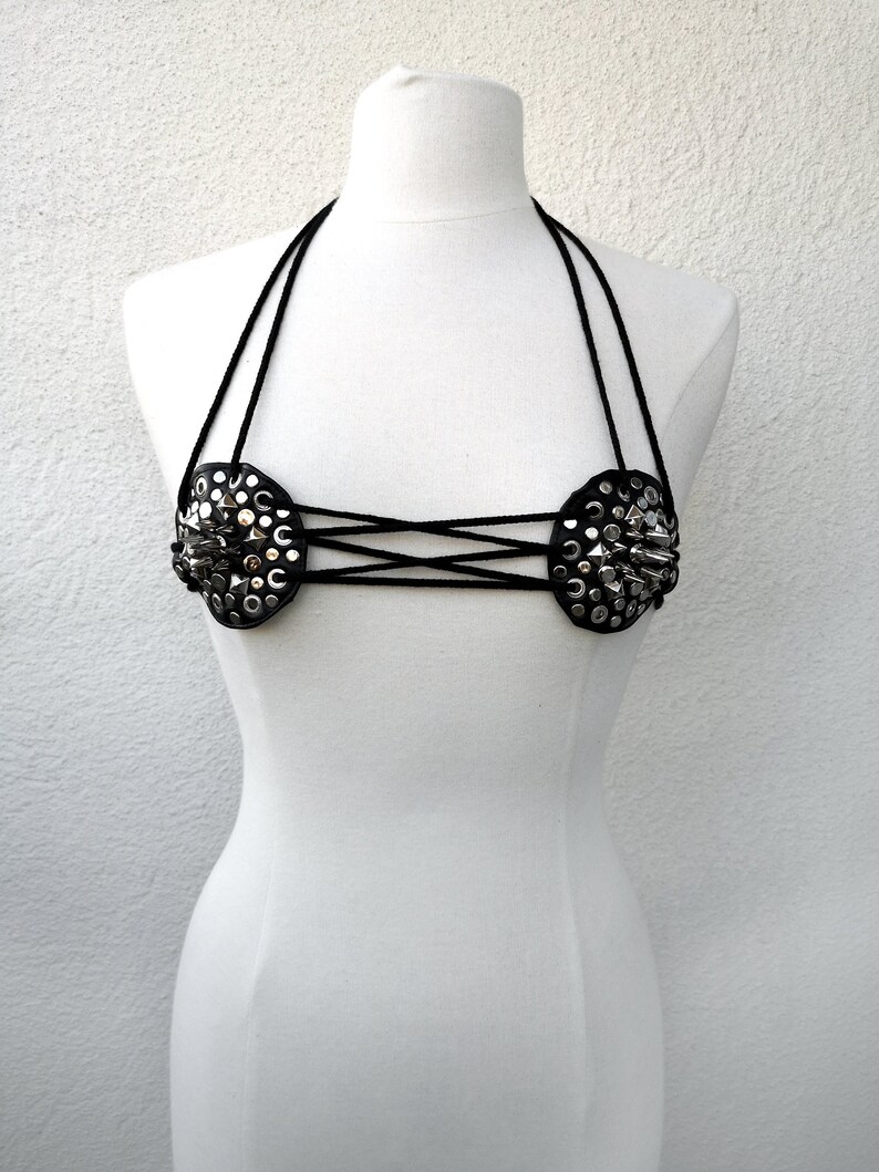 Bondage fetish kinky burning man festival fashion spiked Studded Dream Warriors black leather lace up branipple pastiesbikini top
