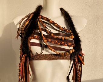 Dream Warriors brown leather fringed crisscross halter/breastplate/fringe fur crop top.Tribal barbarian pagan fantasy viking cosplay costume