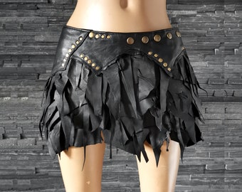 Dream Warriors black leather wrap/mini skirt. Ragged layered hem. Tribal pagan barbarian viking warrior cosplay costume, festival fashion