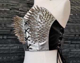 Dream Warriors extreme spiked bustier/strapless crop top. Black & silver leather,long spikes, studded. Gothic glamour metal festival fashion