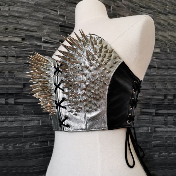 Dream Warriors extreme spiked bustier/strapless crop top. Black & silver leather,long spikes, studded. Gothic glamour metal festival fashion