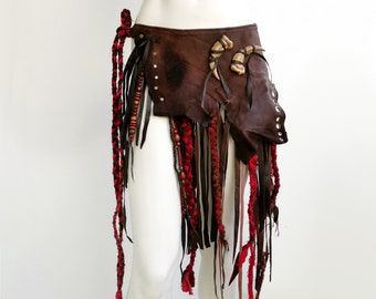 Dream Warriors brown leather fringed overskirt. Red beads and braids. Post apocalyptic pagan barbarian viking druid tribal cosplay costume