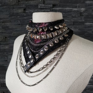 Dream Warriors black studded lace, leather and chains stacked choker necklace collar neck corset. Goth metal crust punk alternative fashion