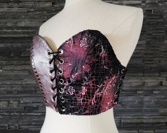 Dream Warriors black pink leather & lace bustier /strapless lace up crop top. Alternative fashion punk rock heavy metal goth festival style
