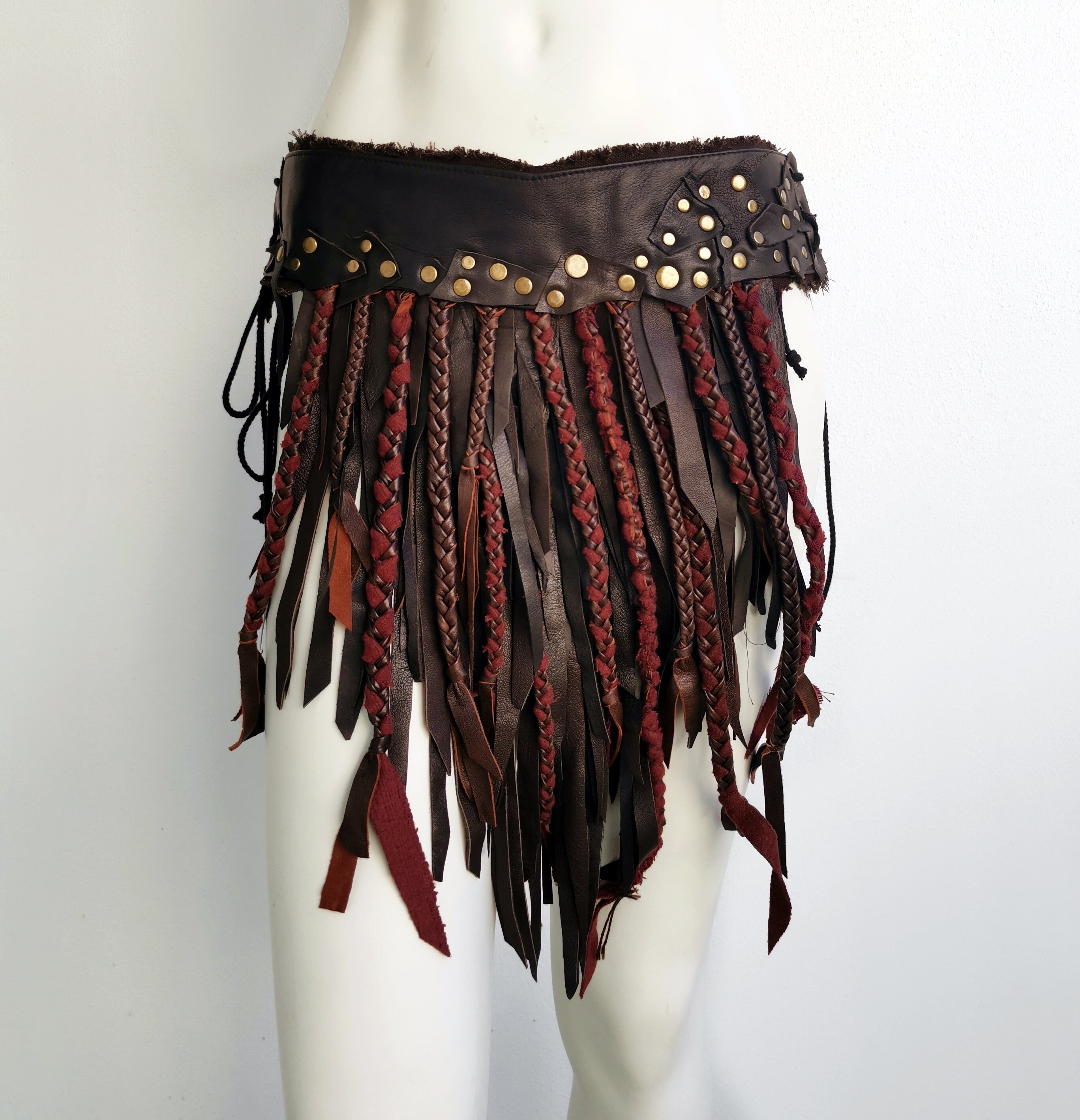 Brown Leather Fringed Skirt. Braided & Riveted. Burner