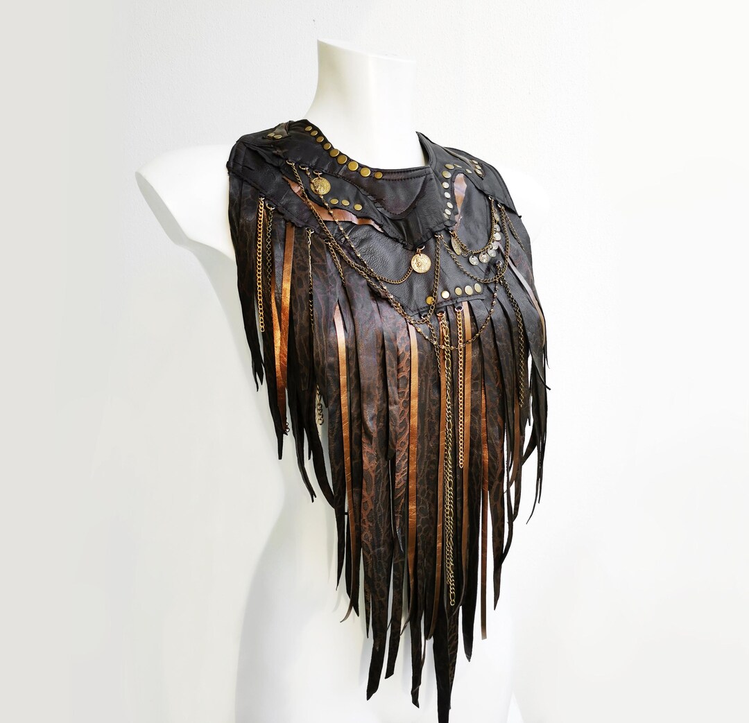 Leather Fringe Bib Necklace: Dark Brown Tribal Pagan Jewelry - Etsy
