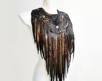 Leather Fringe Bib Necklace: Dark Brown Tribal Pagan Jewelry