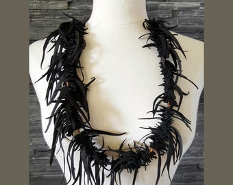 Dream Warriors black leather necklace. Large fringe/tassel neck piece. Statement festival fashion, boho tribal viking pagan style jewelry