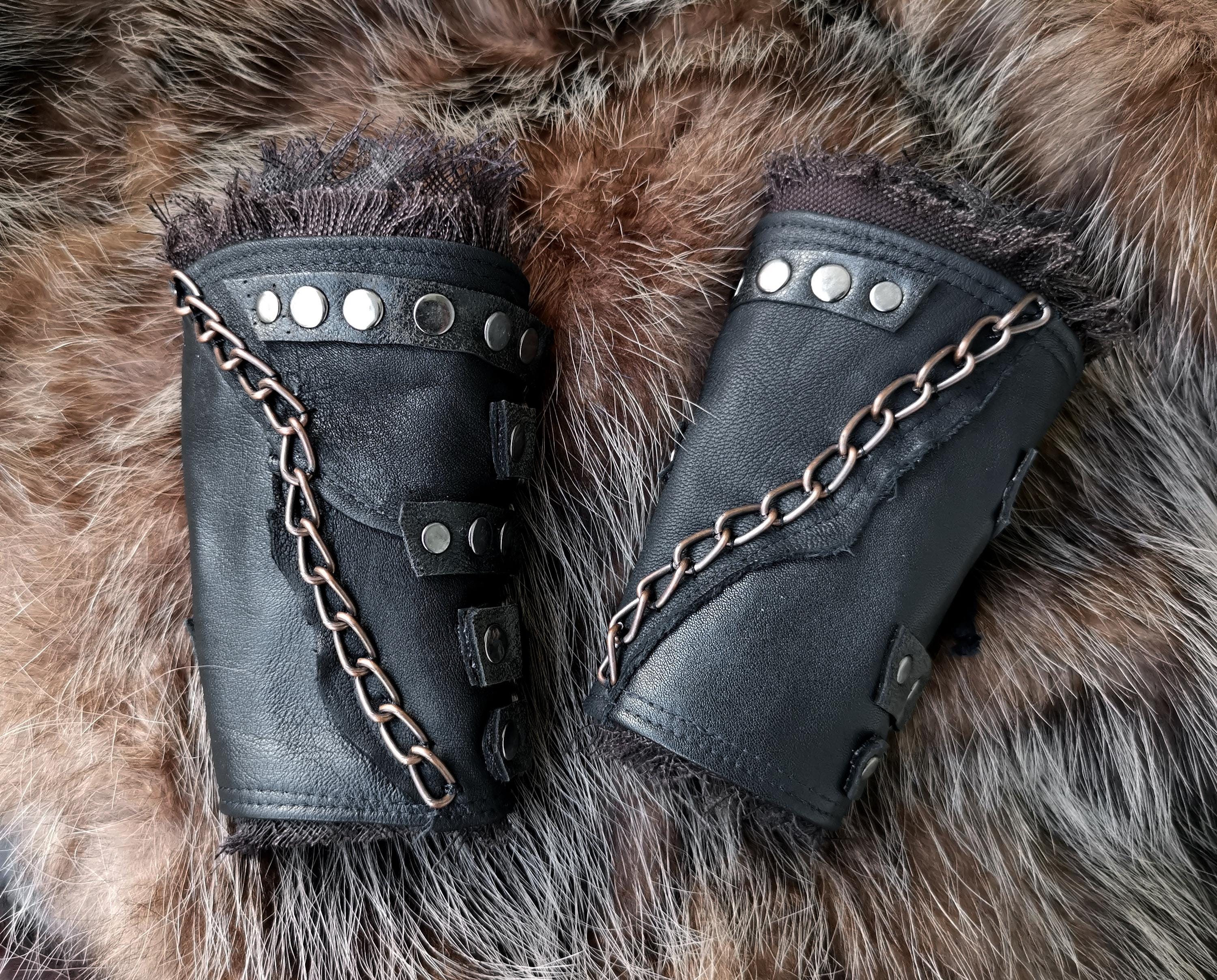 Dream Warriors black leather wrist cuffs/gauntlets/bracers. Post apocalyptic fantasy wasteland viking warrior druid tribal cosplay costume