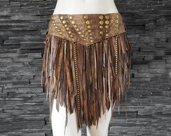 Dream Warriors brown/tan leather slashed fringe mini skirt/loincloth. Post apocalyptic barbarian wasteland viking costume festival fashion