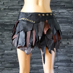 Leather Wrap Mini Skirt: Black & Brown, fringed. Burner Festival Fashion, Warrior LARP Cosplay Costume